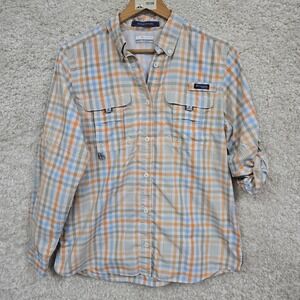 Columbia PFG Super Bahama Fishing Shirt Womens Medium Orange Blue Plaid